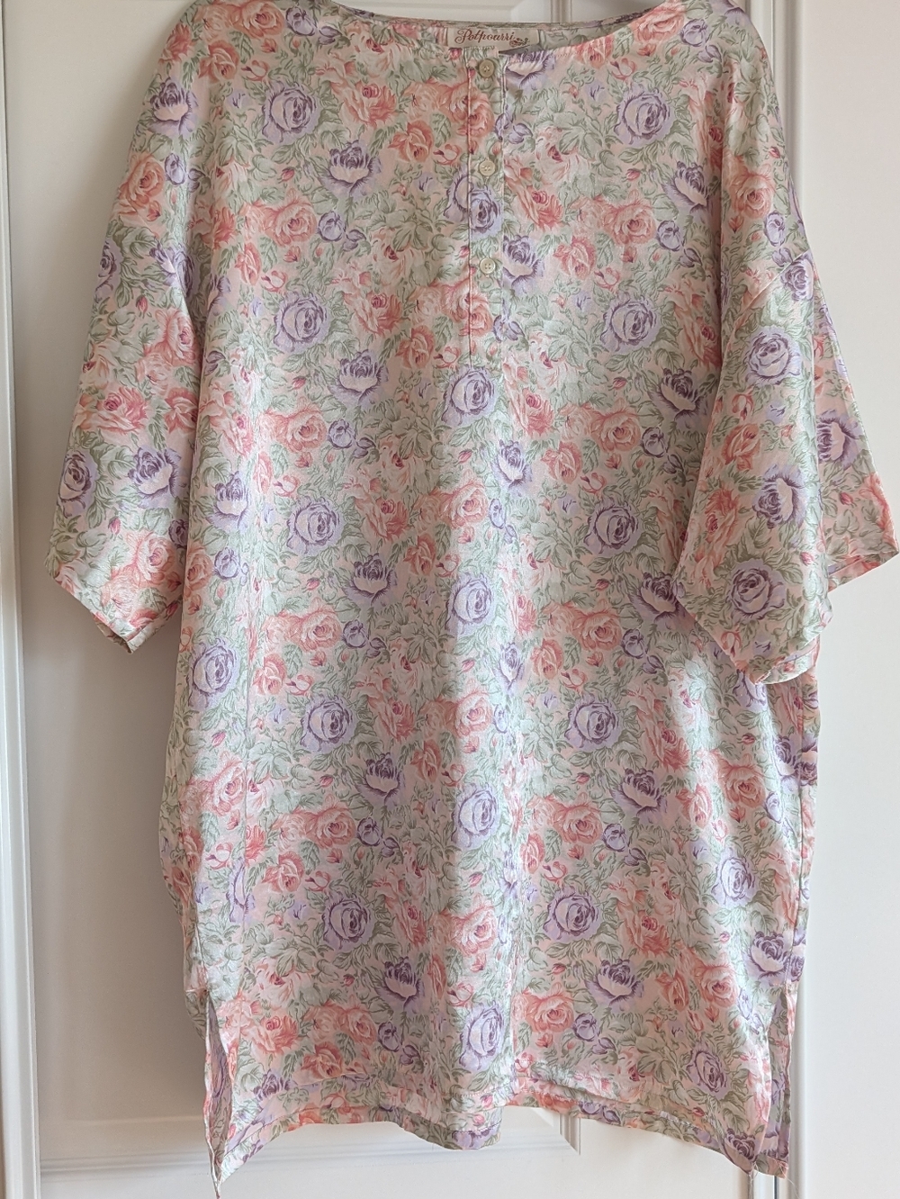 Vintage Potpourri Floral Satin Sleep Shirt Pastel Rose Pajama Top 90s